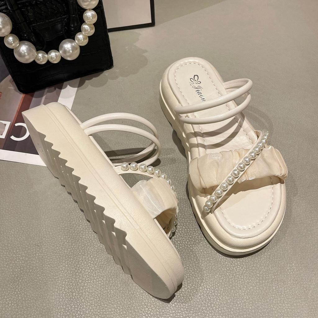 Internet Celebrity Slippers Wear Summer Women 2025 New Pearl Fairy Wind Two Wear Thick-soled Small Fragrant Beach Sandals