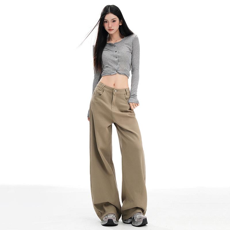 

Women s Khaki Wide-Leg Jeans - Autumn/Winter Slimming Drape Floor-Length Pants L