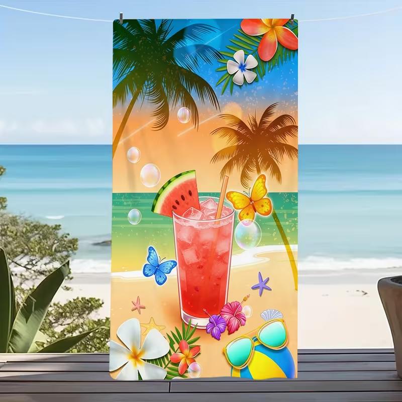 Cool Flamingo with Sunglasses Print Beach Towel Tropical Cocktail Palm Tree Pattern Quick Dry Sand-Free Absorbent Beach Blanket