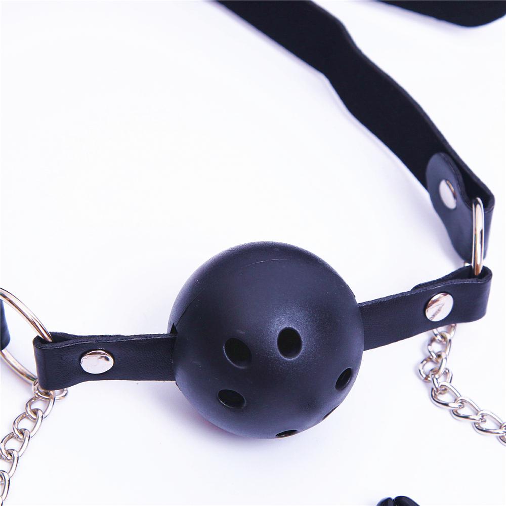 Erotic Toy PU Leather Mouth Gag Ball Oral Sex with Chain Clip Breast Nipple Clamps Fetish Bondage Harness Sex Toys Adult Games