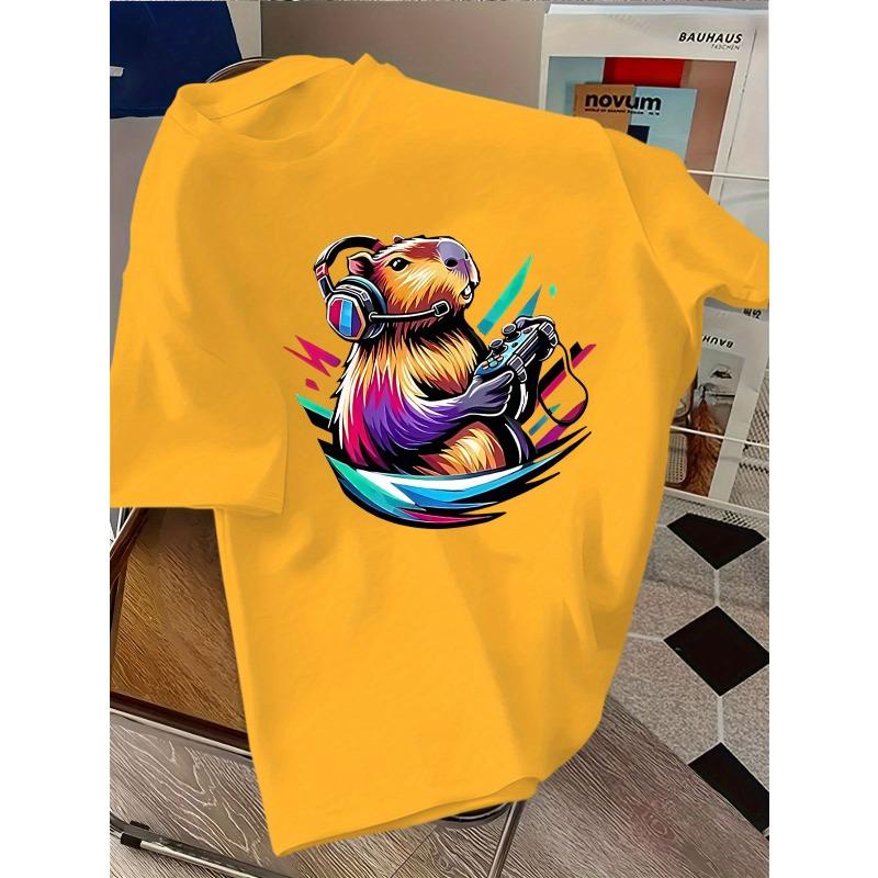 European sizes Round Neck Cartoon Beaver with Headphones Holding Game Controller Funny Print Short Sleeve T-Shirt, Fashion Casual Summer New Arrival