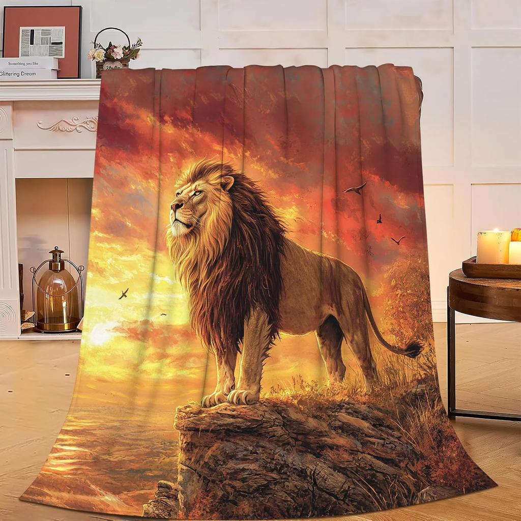 Colourful Lion Pattern Flannel Throw Blanket King Queen Size Super Soft Warm Blanket for Bed Sofa Couch Lightweight Kid Boy Gift