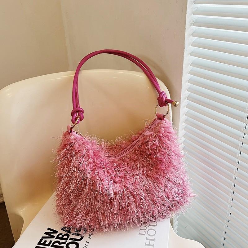Chic Vintage Plush Handbag For Women Stylish Simple Shoulder Bag In Black White Pink