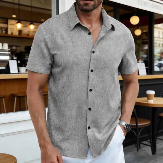 Men Summer Button-up Shirt Short Sleeve Turndown Collar Shirt Casual Loose Fit Holiday Shirt for Beach Vacation Street
