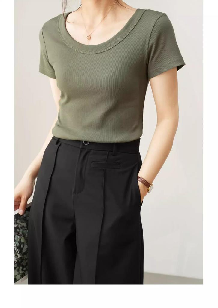Damen Sommer 2025 Schlank geschnittenes geripptes U-Ausschnitt T-Shirt - Vielseitig Große Größen, Hohe Elastizität, Kurzarm Basis-Top