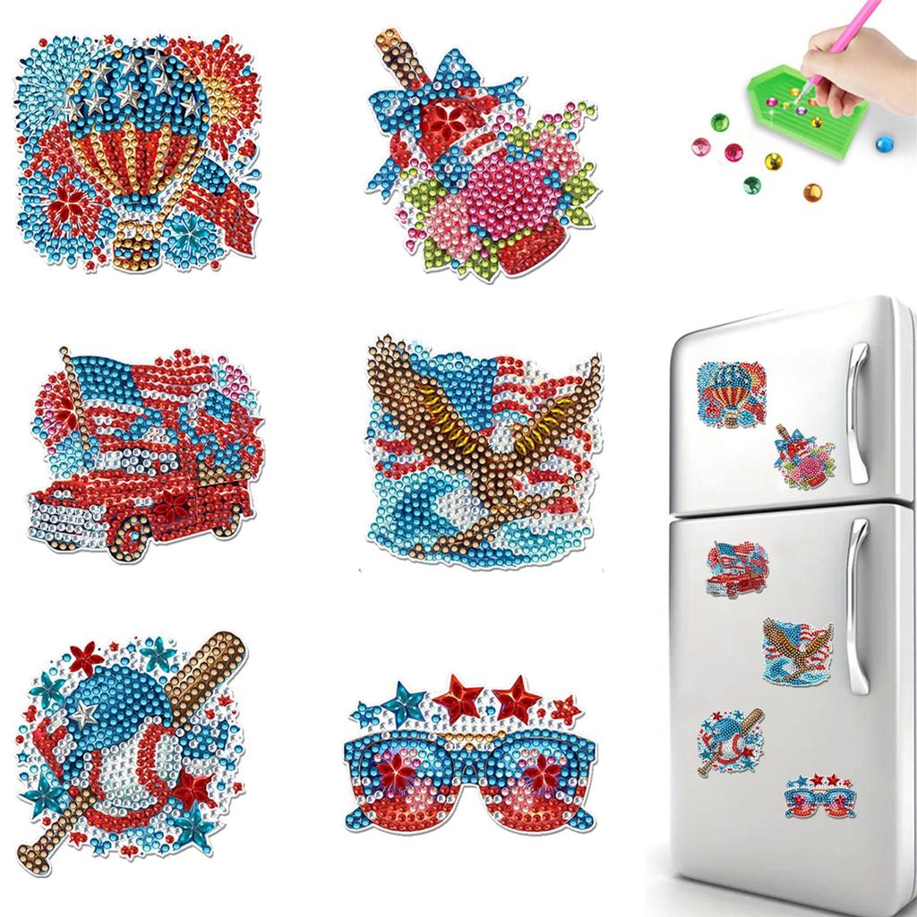 6pcs 2D/flat Acrylic DIY Independence Day Design Diamond Art Fridge Magnet Kit Refrigerator Mailbox Home Decoration DIY Crafts