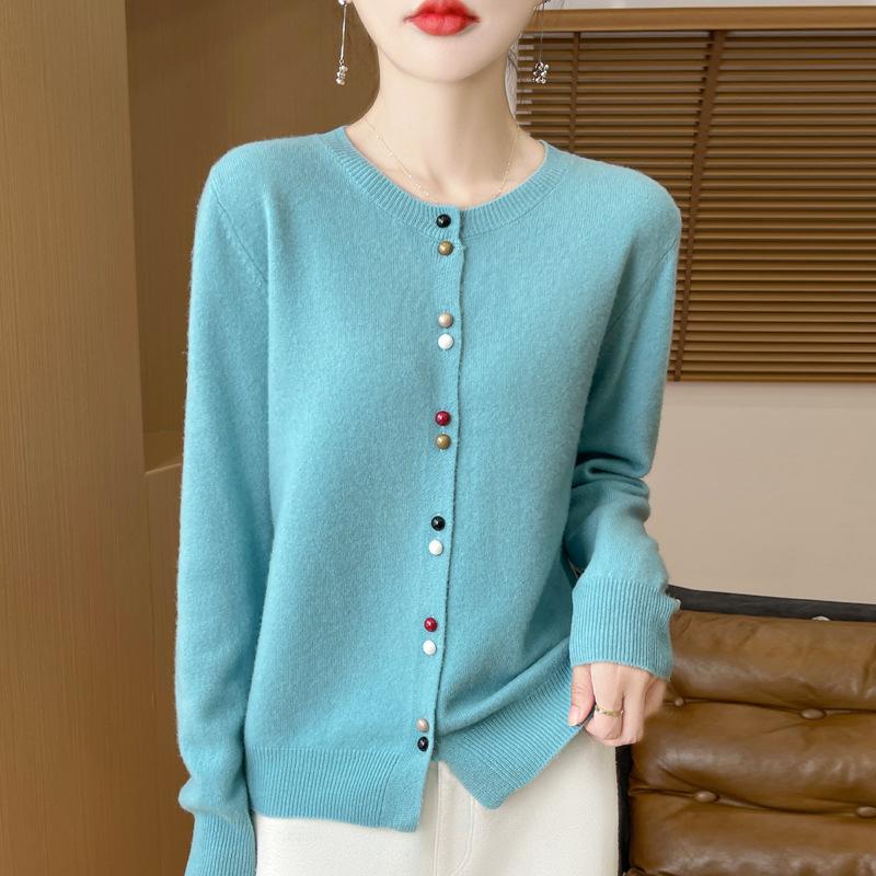 Women's Korean Style Long Sleeve Knit Cardigan - Round Neck, Fashionable Button-Up Sweater with Stylish Design and Vibrant Colors.
