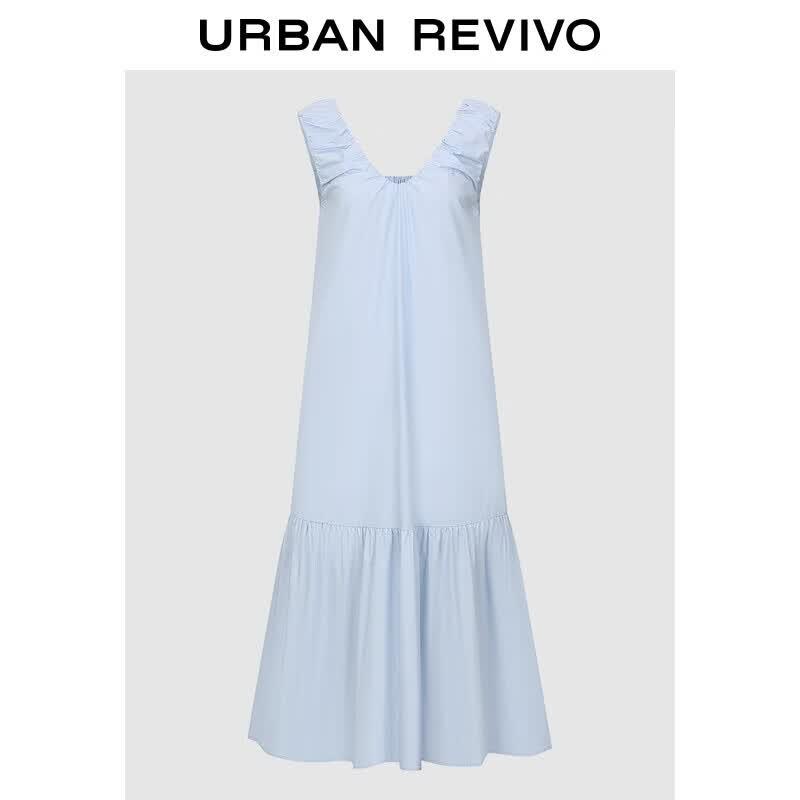 UR 2025 Fall Dopamine Pleated V-Neck Sleeveless Long Dress M