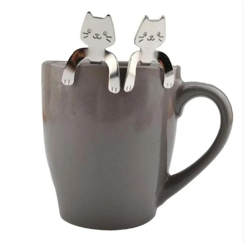 Stainless Steel Coffee Spoon Lovely Cute Cat Shape Teaspoon Dessert Snack Scoop Ice Cream Mini Spoons Tableware Kitchen Tools