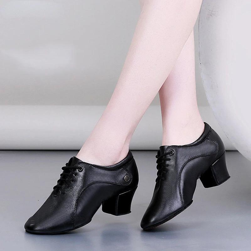 Women's Latin Dance Ballroom Corium Shoes Modern Jazz Dance Shoe Ladies Black Salsa Dancing Shoes Teacher Sports Shoe