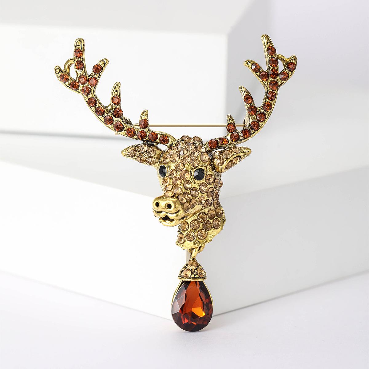 

Европейская и американская рождественская ретро-брошь в виде оленя с бриллиантами, сплав, животное, высококачественный аксессуар, нагрудный цветок золотой