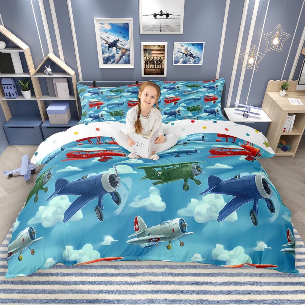 Homewish Cartoon Aircraft Train Duvet Cover Set for Children 2pcs/3pcs, Airplane Steam Engine Bedding, Transportation Bed Set