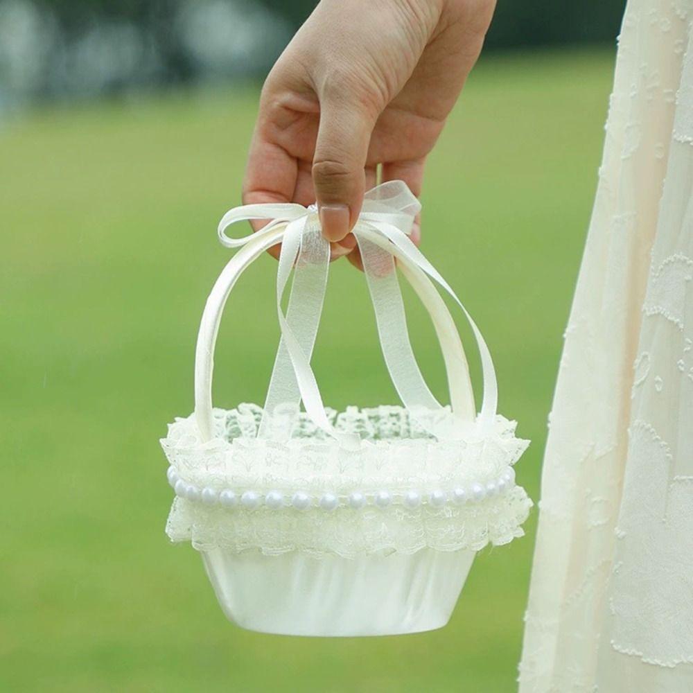 Rose Flower Wedding Flower Basket Lace Wedding Party Decorations Sweet Flower Girls Basket  Party