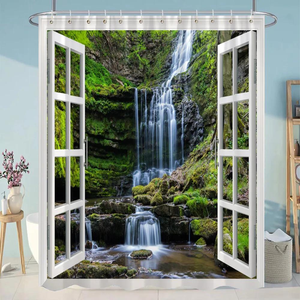Simulation Window Beach Forest Outdoor Shower Curtain Tropical Seaside Landscape Bohemian Cloth Hanging Curtains Bathroom Decor