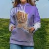 Cute Cat Print Drawstring Hoodie, Casual Long Sleeve Drop Shoulder Hoodie, Women's Clothing