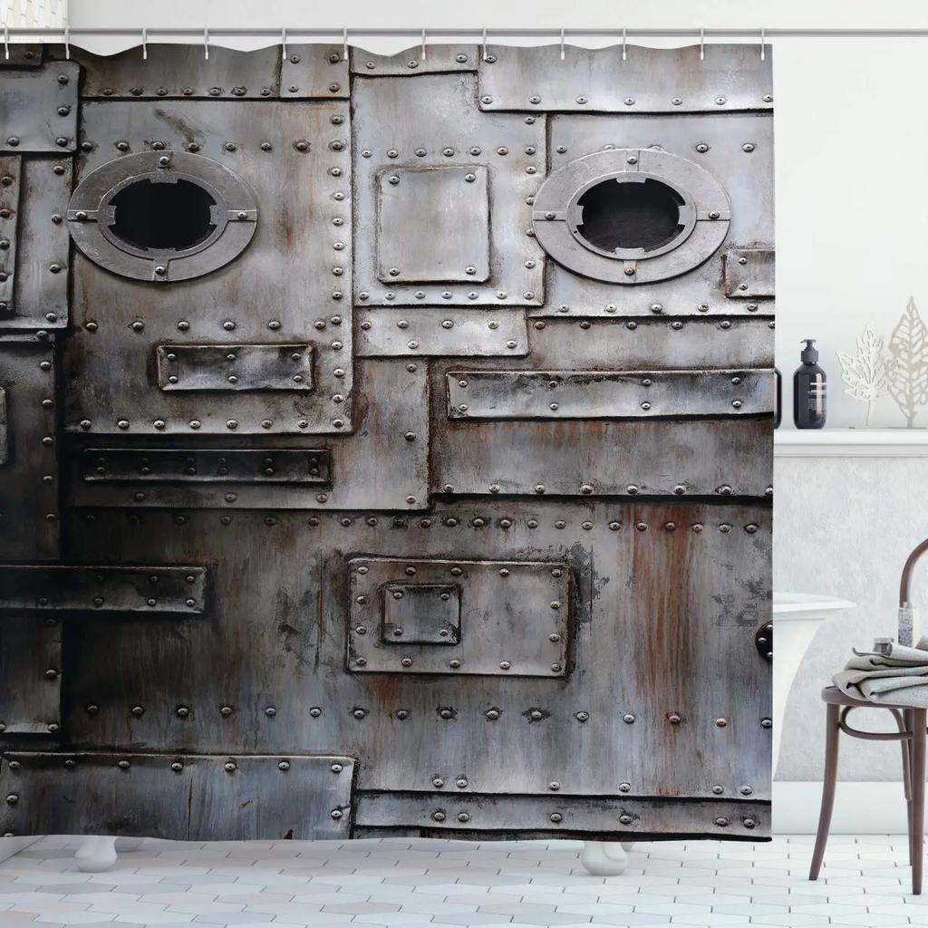 Průmyslový sprchový závěs, Steampunkový styl Antická mosazná kulatá upevňovací spona, Látkový koupelnový dekorační set s háčky