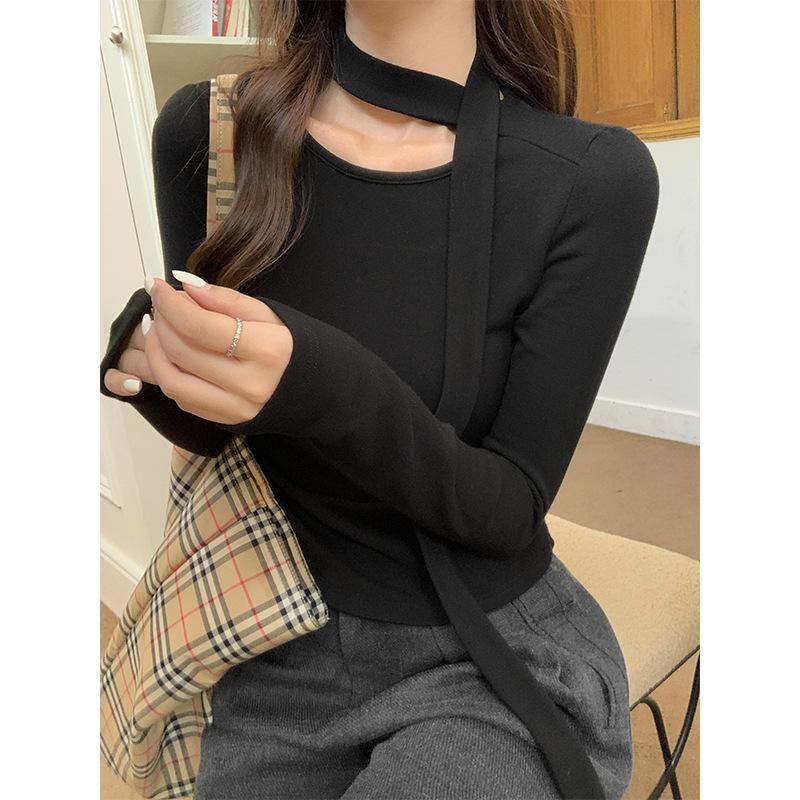 Sonbahar ve kış fırçalanmış sıcak yuvarlak yaka uzun kollu içlik kazak kadınlar için siyah pileli tişört ile katmanlı boyun atkılı üst