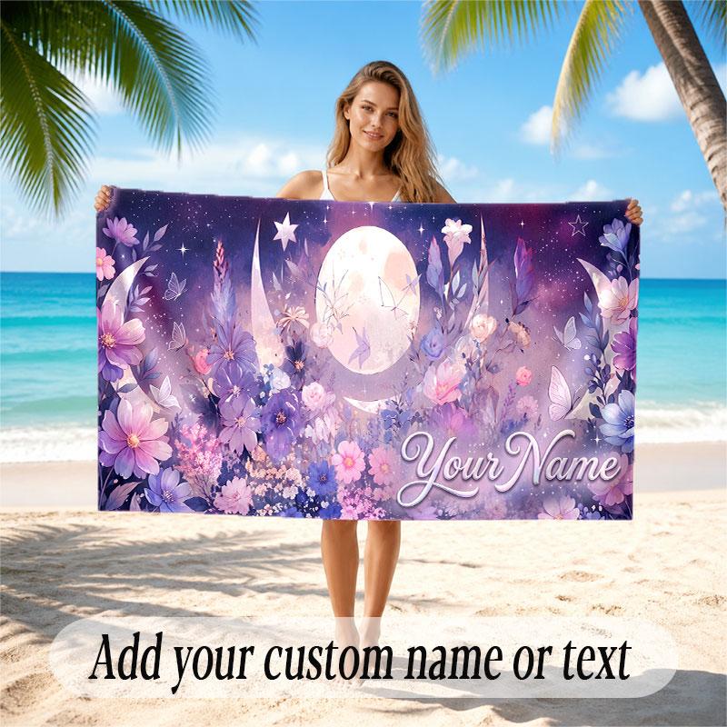 Floral Garden Theme Soft Beach Towel Personalized Custom Name Text Towel Portable for Beach Pool Travel