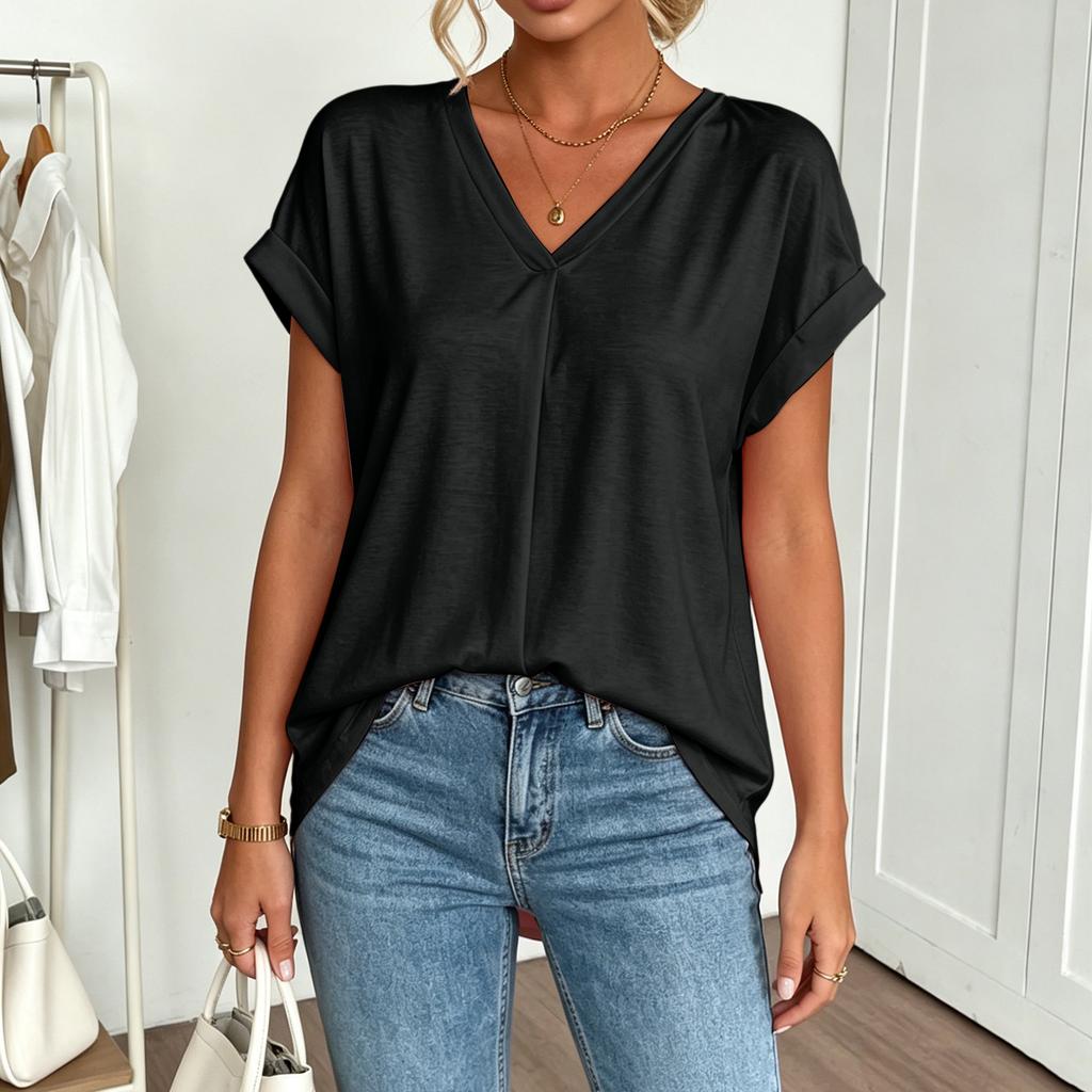 Women's Summer Short Sleeve Top V Neck Back Pleated Detail Lightweight Blouse Casual Loose Fit Shirt for Daily Wear