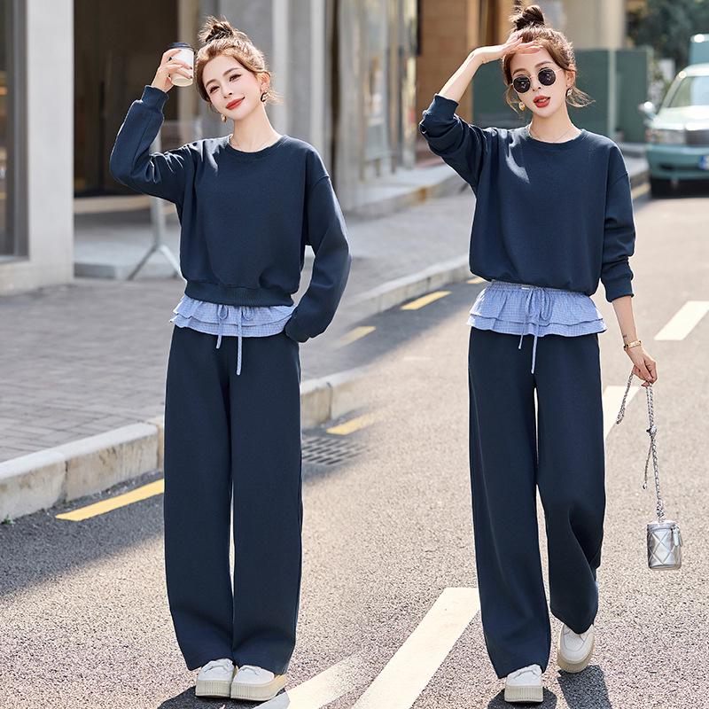 

Весна 2025 Свитшот с круглым вырезом + Клетчатые кружевные повседневные брюки Набор из двух предметов L 120-140 jin темно-синий