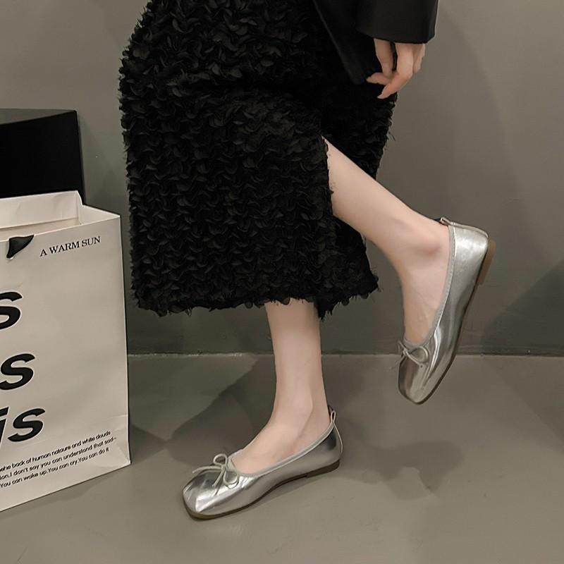 Light mouth flat sole single shoes women's summer new silver casual versatile bow with skirt soft sole
