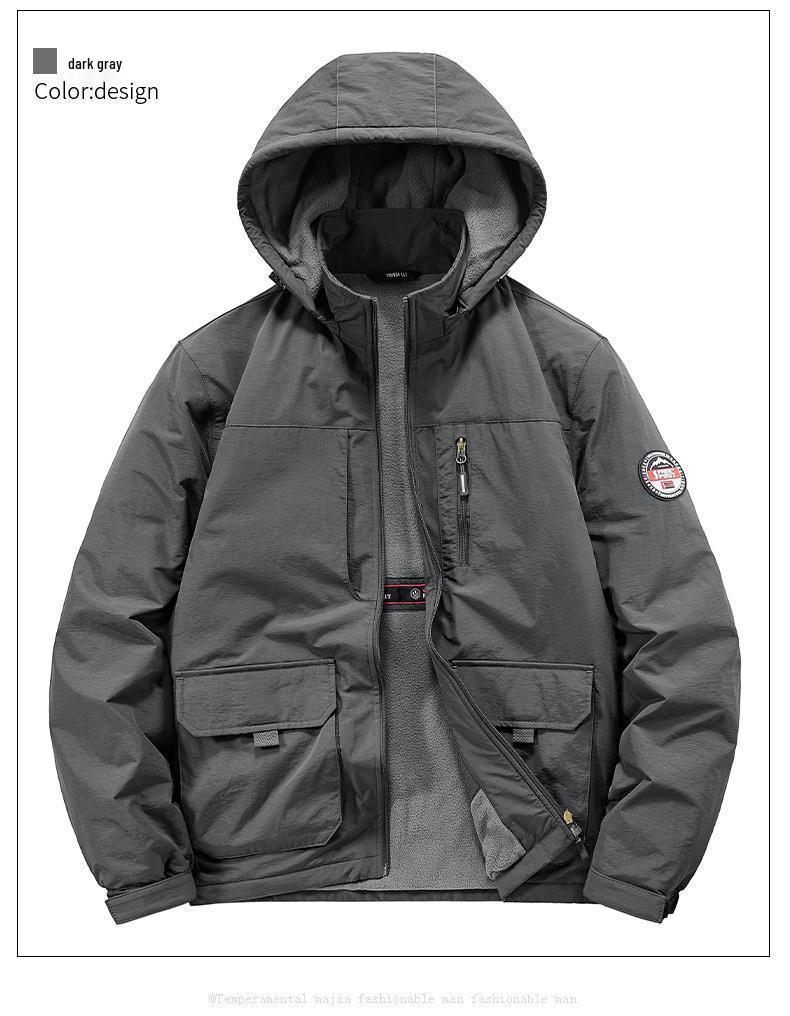 Męska wiatroszczelna kurtka górska z aksamitną podszewką – Pogrubiony zimowy płaszcz bawełniany