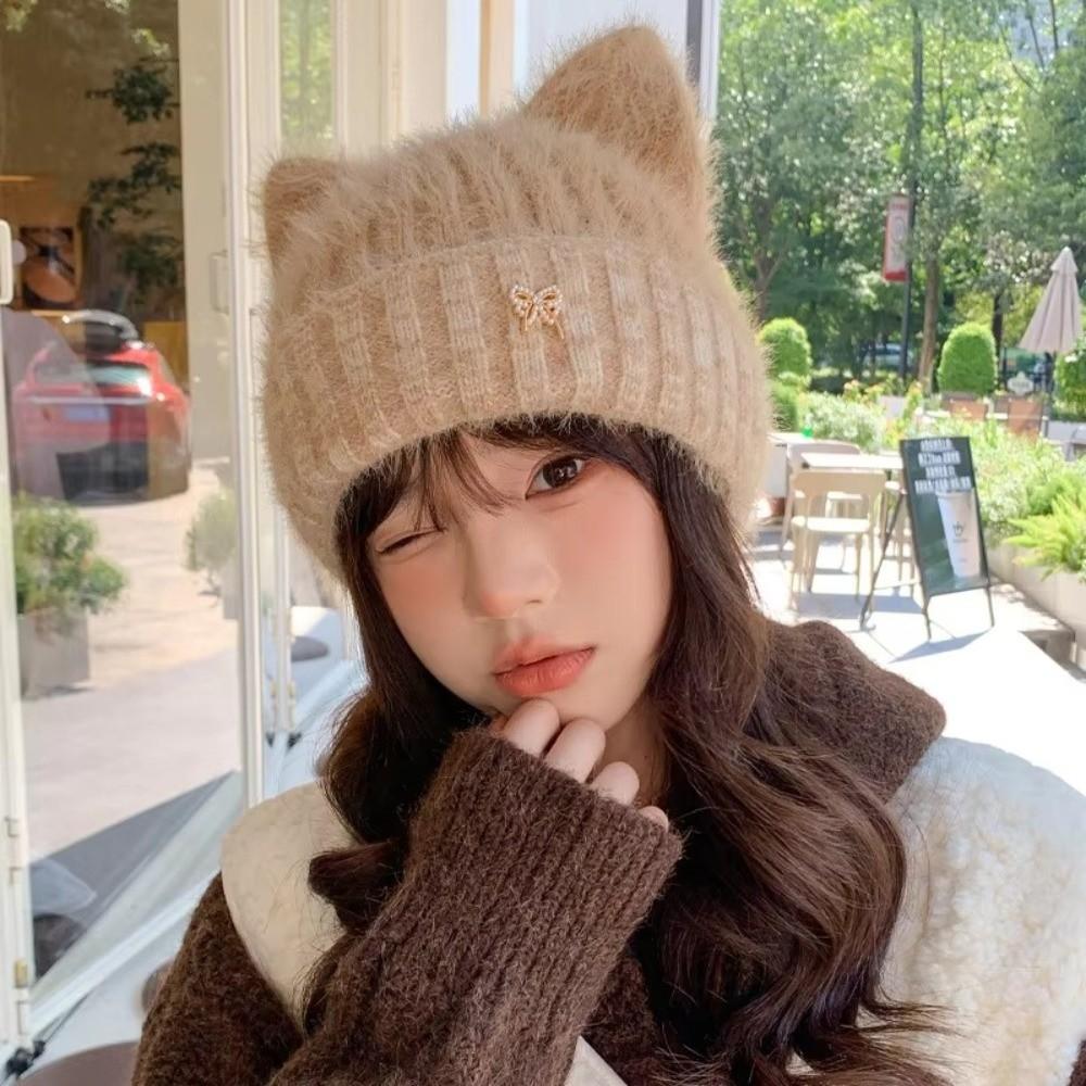 Plush Lining Knitted Hat Windproof Beanie Cap Cute Ear Protection Cap Autumn Winter
