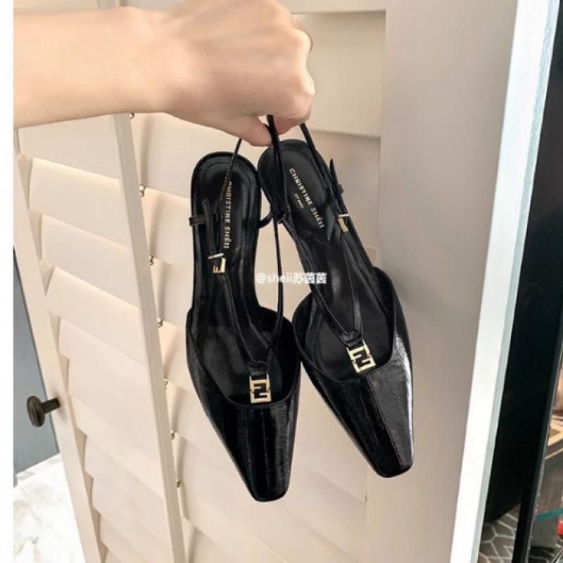 

Shoe square head small gold buckle eel pattern kitten heel empty sandals woman 34 чёрный