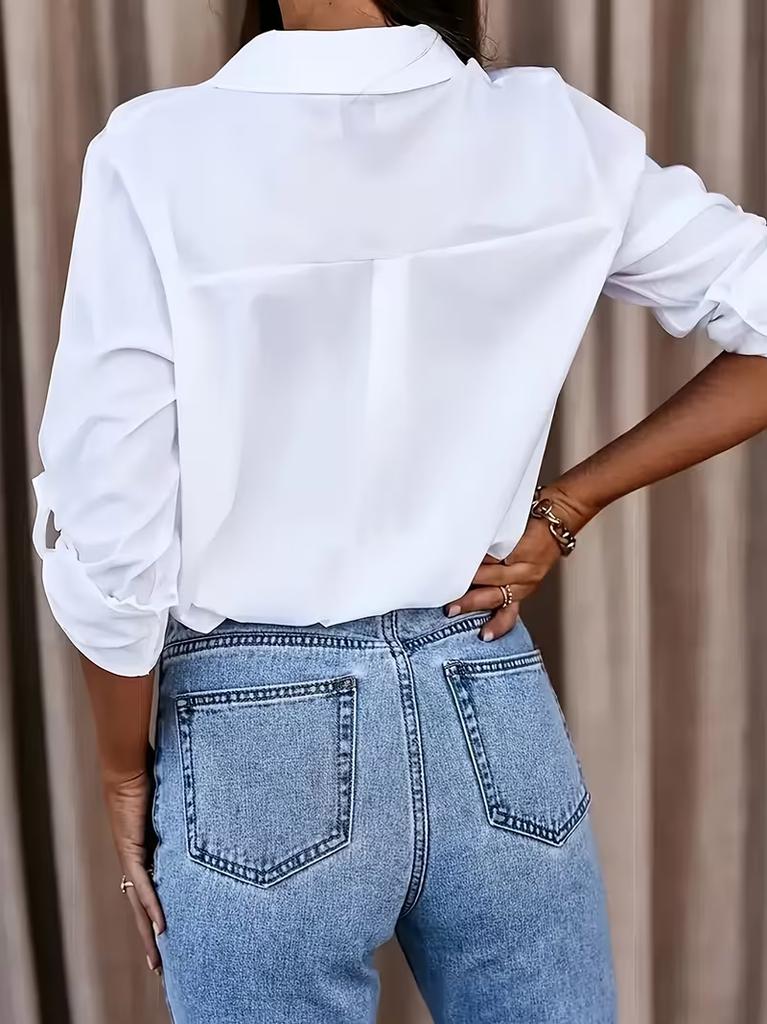 Ladies Casual Button Up Office Shirt Solid Color Long Sleeve Blouse with Collar Business Work Top for Daily Wear