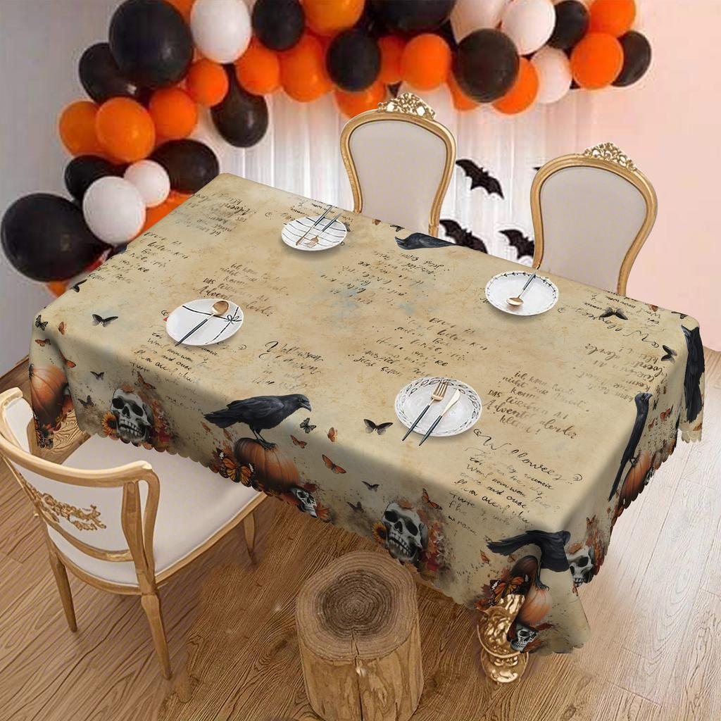 Halloween Themed Tablecloth, Party Holiday Atmosphere Arrangement, Skull Pumpkin, Crow Butterfly Print Table Tablecloth