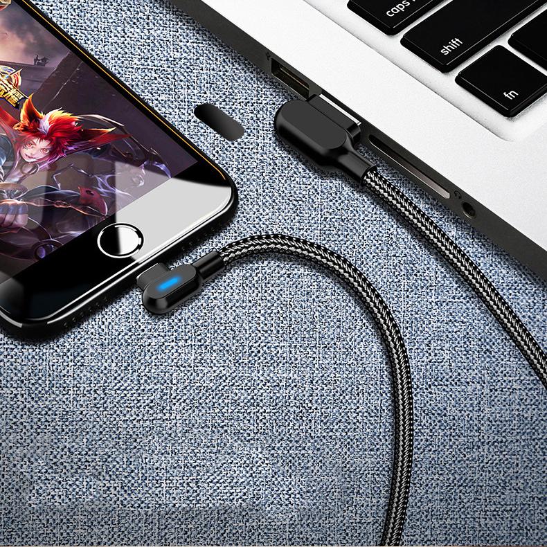2M Double Bend 90° Right Angle Micro USB Type-c For Apple Interface LED Fast Charging Data Cable