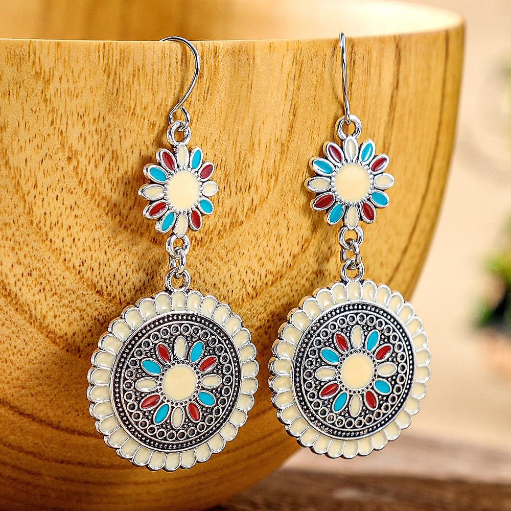 12 Colors Ethnic Vintage Enamel Sun Flower Earrings for Women Elegant Fresh Dangle Earrings Boho Vacation Party Jewelry
