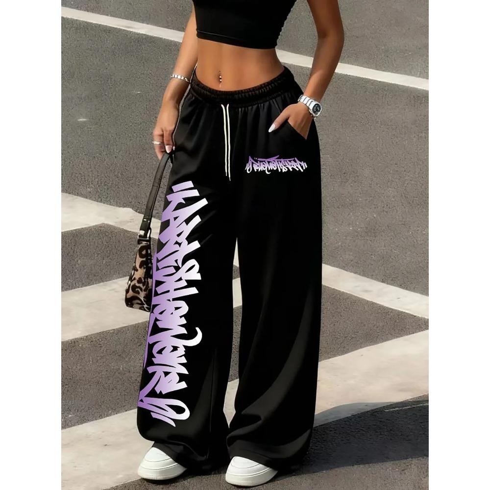 Women s Graffiti Letter Print Jogging Pants Geometric Design Drawstring Waist Comfortable Trousers for Adults S