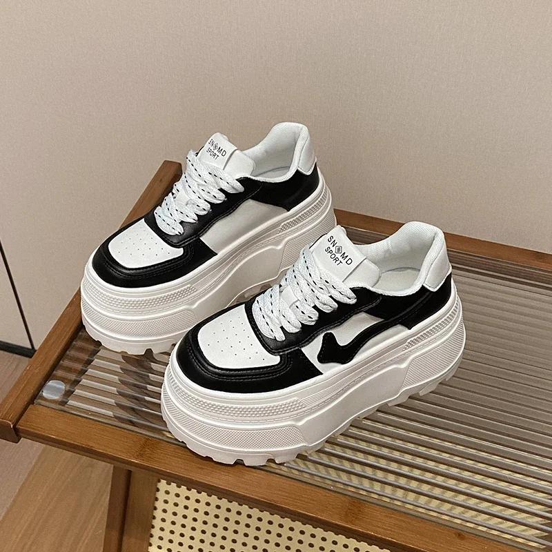 Fashion 8CM Women Platform Sneakers Leather Shoes New Autumn Chunky Vulcanized Skateboard Shoes Women Breathable Comfort Sneakers