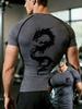 Mens White Compression Short Sleeve T-Shirt Black Dragon Back Print Graphic Quick Dry Breathable High Elasticity Gym And MMA Athletic Top