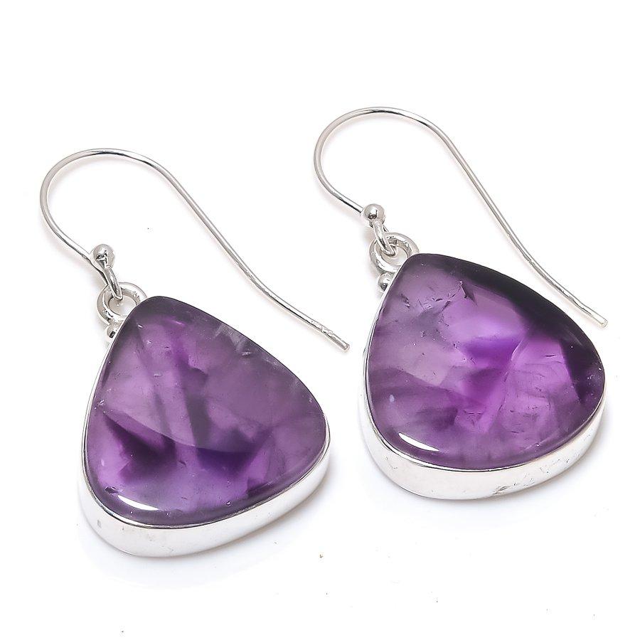 Natural Brazilian Amethyst Gemstone 925 Solid Sterling Silver Earring 1.75" O4L95