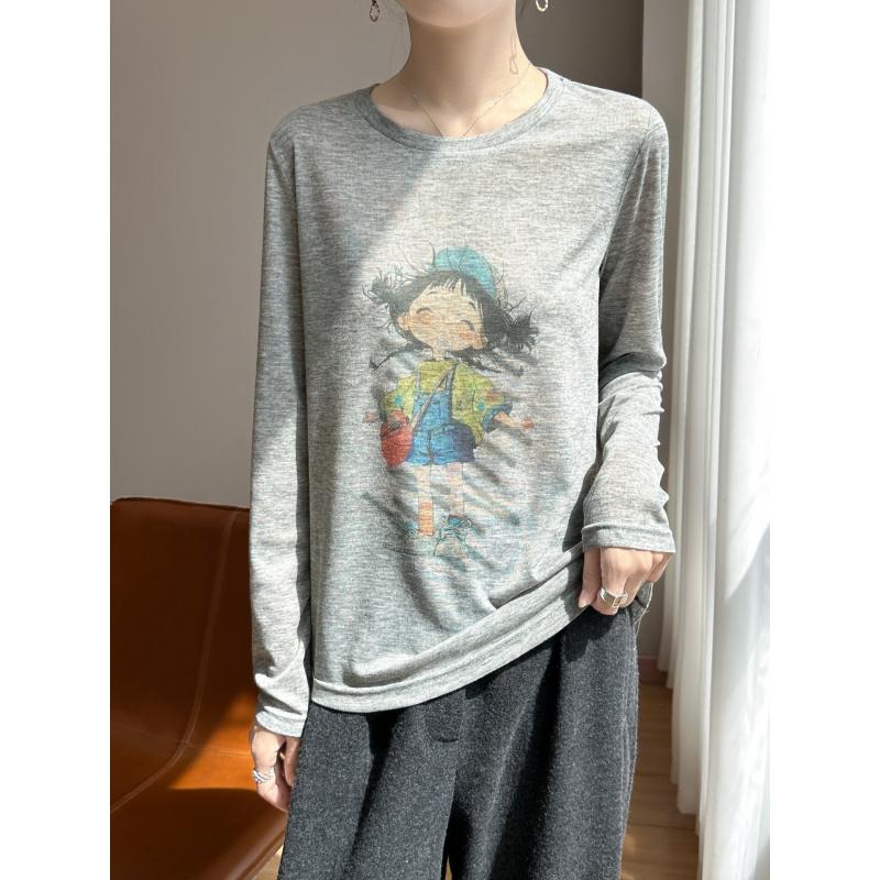 Healing Style Little Girl Long Sleeve Gentle Wind Printed T-Shirt Autumn Winter New Daily Top