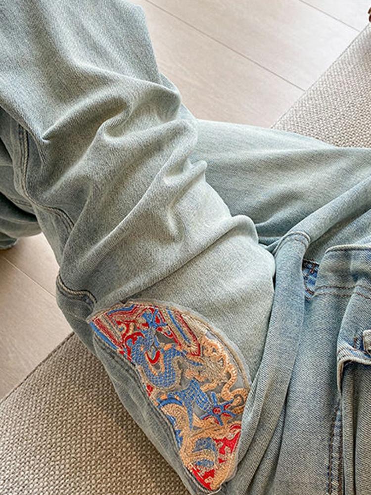 Woman High Waist Embroidery Trousers Lady New Chinese Style Thin Wide Leg Jeans Girls Light Blue Narrow Straight Leg Pants