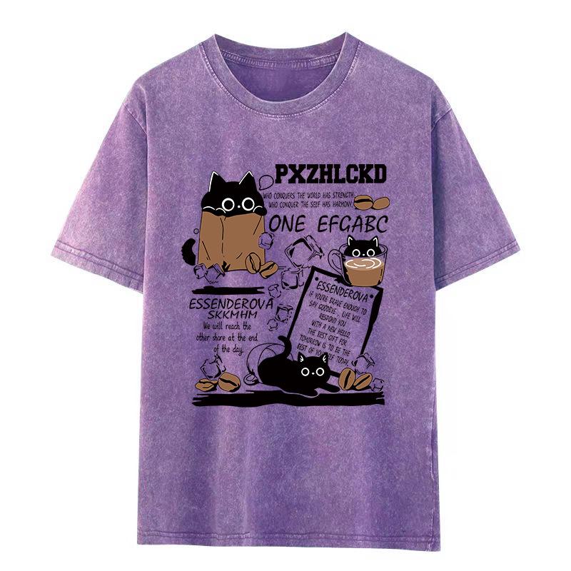 Damen Plus Size distressed gewaschene Baumwolle Kurzarm Retro Print lockeres T-Shirt XL violett