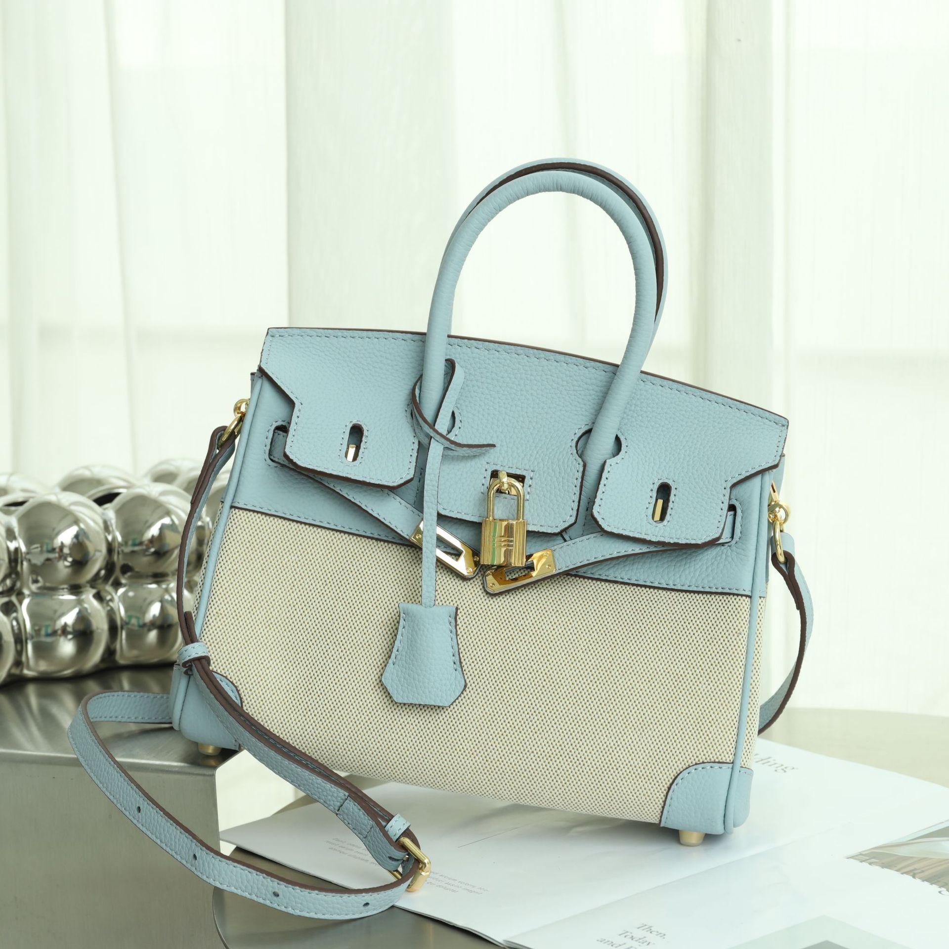 

Женская сумка из высококачественного холста, женская сумка через плечо, кожаная женская сумка, повседневная сумка в стиле пэчворк, контрастная сумка большой емкости через плечо 25x13x20cm светло-синий