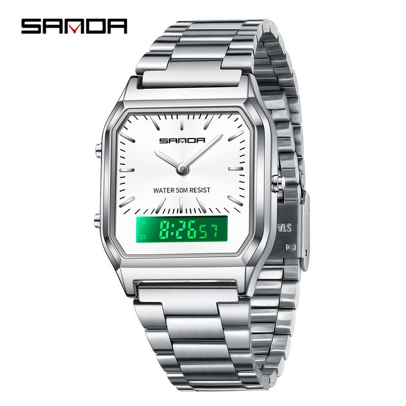 Sanda Retro Business Men's Electronic Watch with Steel Band - Trendy, Thin, and Fashionable.