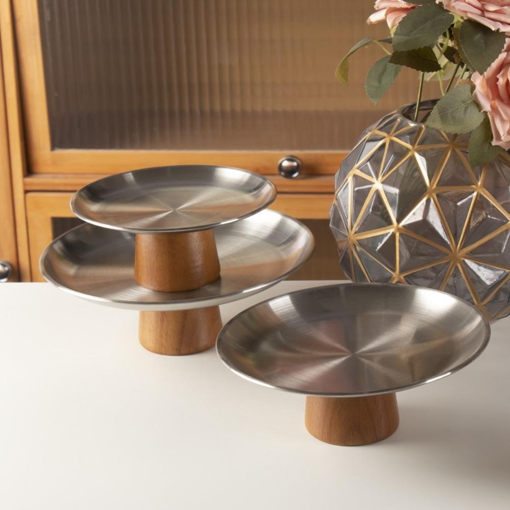 

Stainless Steel High Foot Tray Wooden Base Fruit Display Plate New Dessert Plate Home Decoration Silver-S