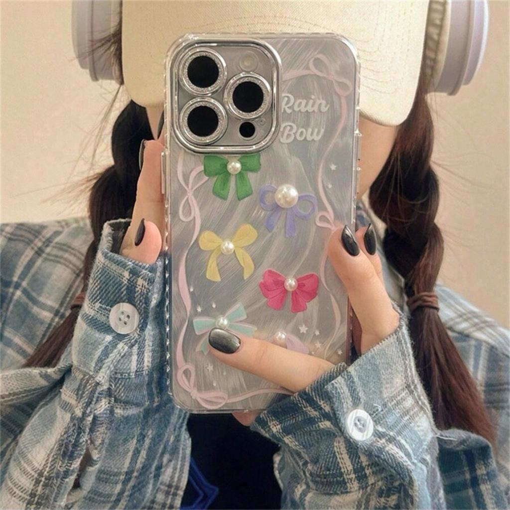 Federgarn Farbe Schleife 3D Perle Handyhülle Für iPhone15 14 13 12 11 Pro Max Niedliche Schleife Mädchen Handyhülle