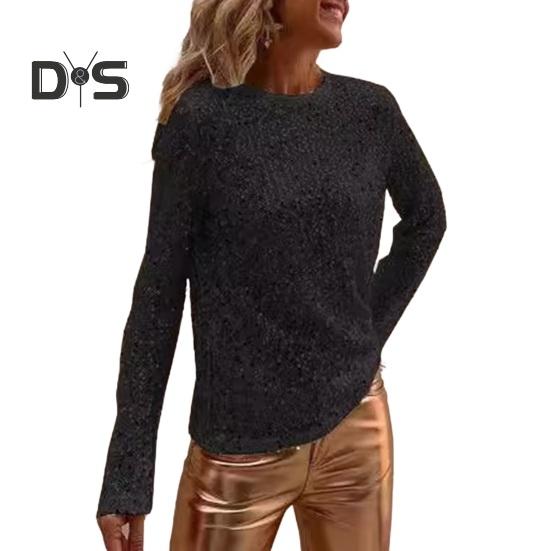 Women Tops Round Neck Long Sleeve Pullover Tops Shiny Sequins Decoration Regular Fit Blouse Daily Wear