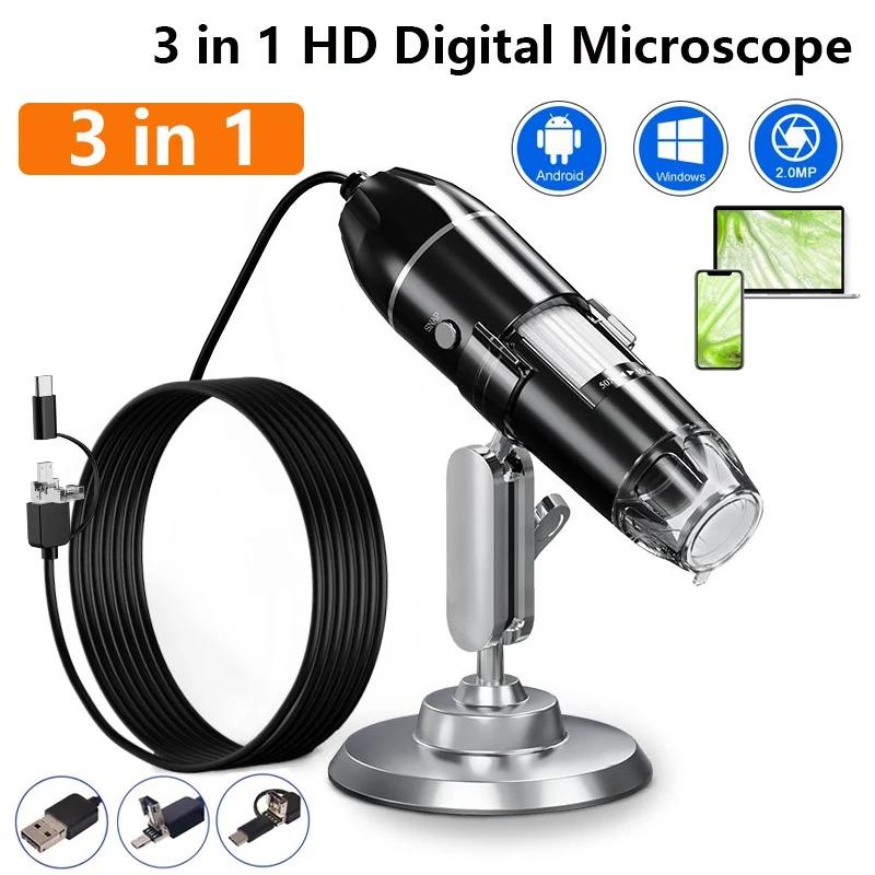 Microscopio digitale 1600X 3in 1 con fotocamera Microscopio elettronico portatile per saldatura Lente di ingrandimento a LED Lente di ingrandimento con carica USB di tipo C