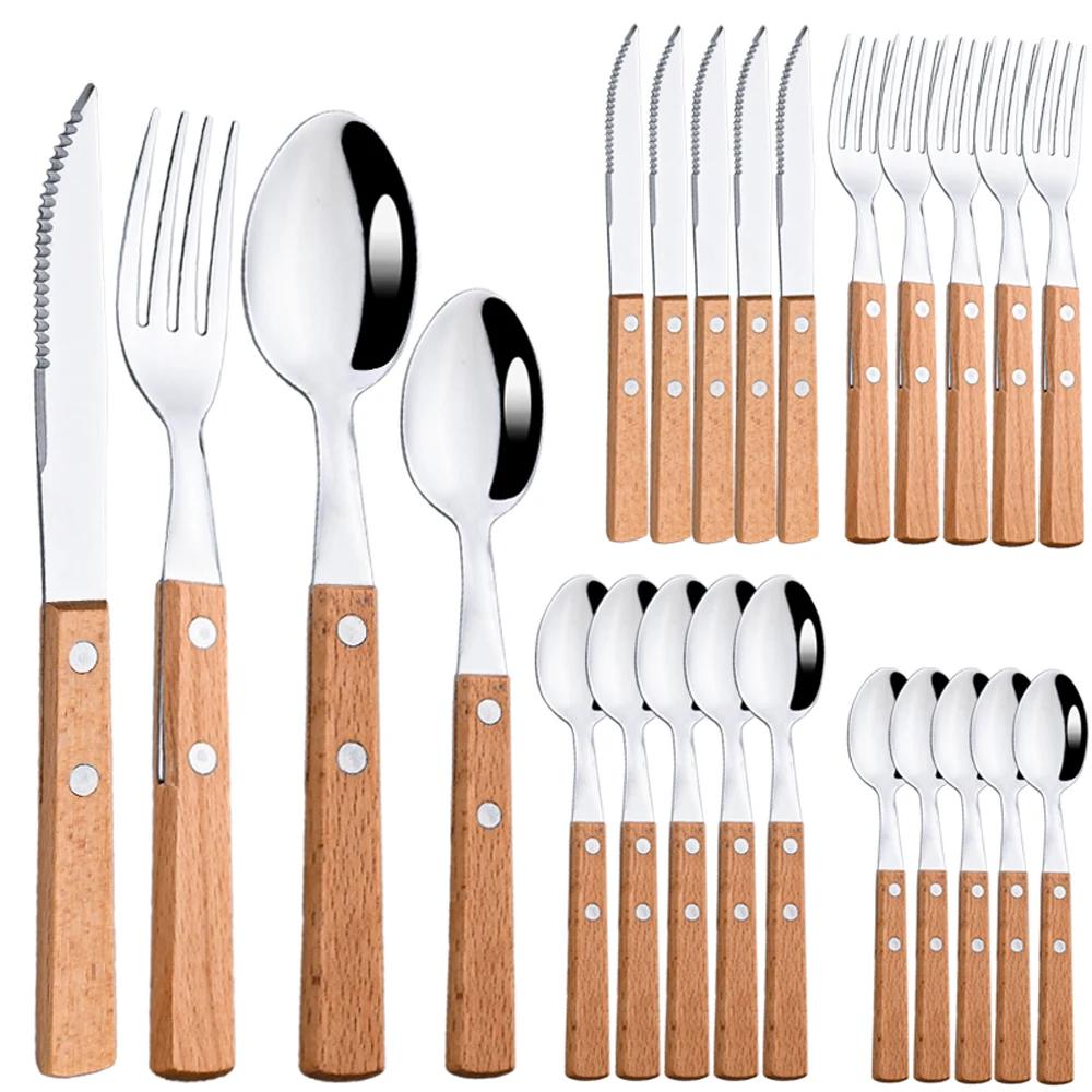 24Pcs 304 Stainless Steel Tableware Set Wood Handle Dinnerware Sets Silverware Steak Knife Fork Spoon Cutlery Kitchen