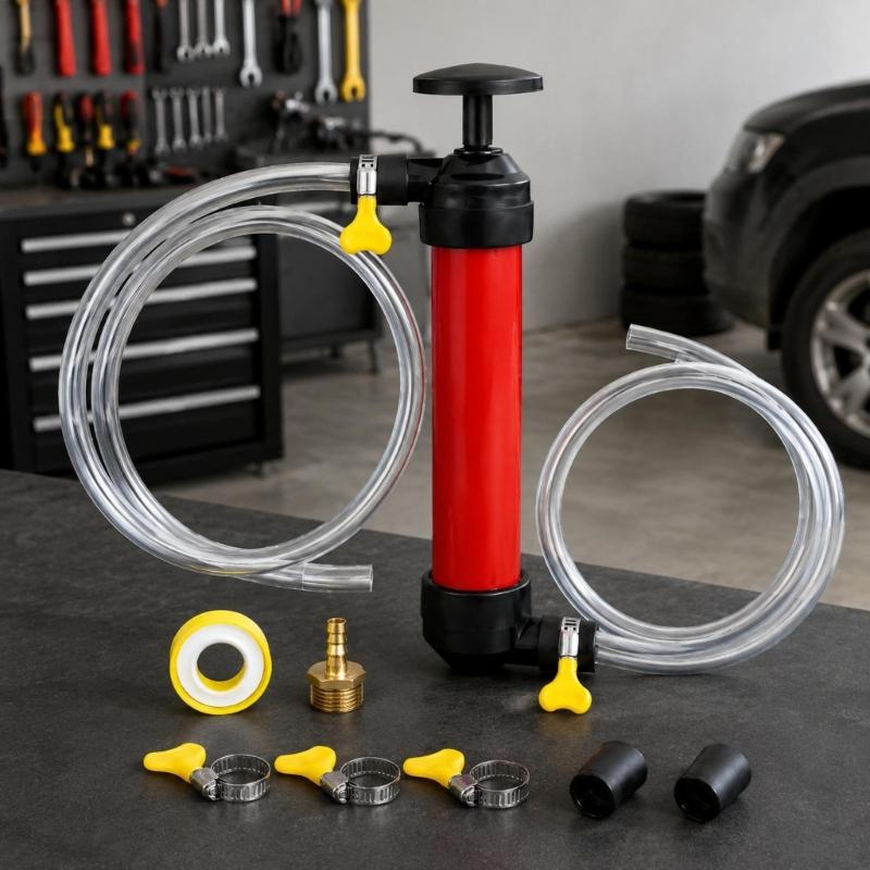 Manual Vehicle Tank Transfer Pump with Threaded Hose Fitting, Adjustable Clamps and Thread Seal Tape for Equipment Maintenance Tasks