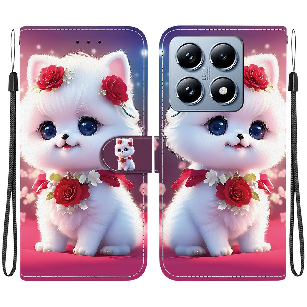 Handmade PU Leather Flip Case for Xiaomi 14T / Xiaomi 14T Pro Anti-Slip Shockproof Cover with Wrist Strap & Heart/Rose Cat Designs