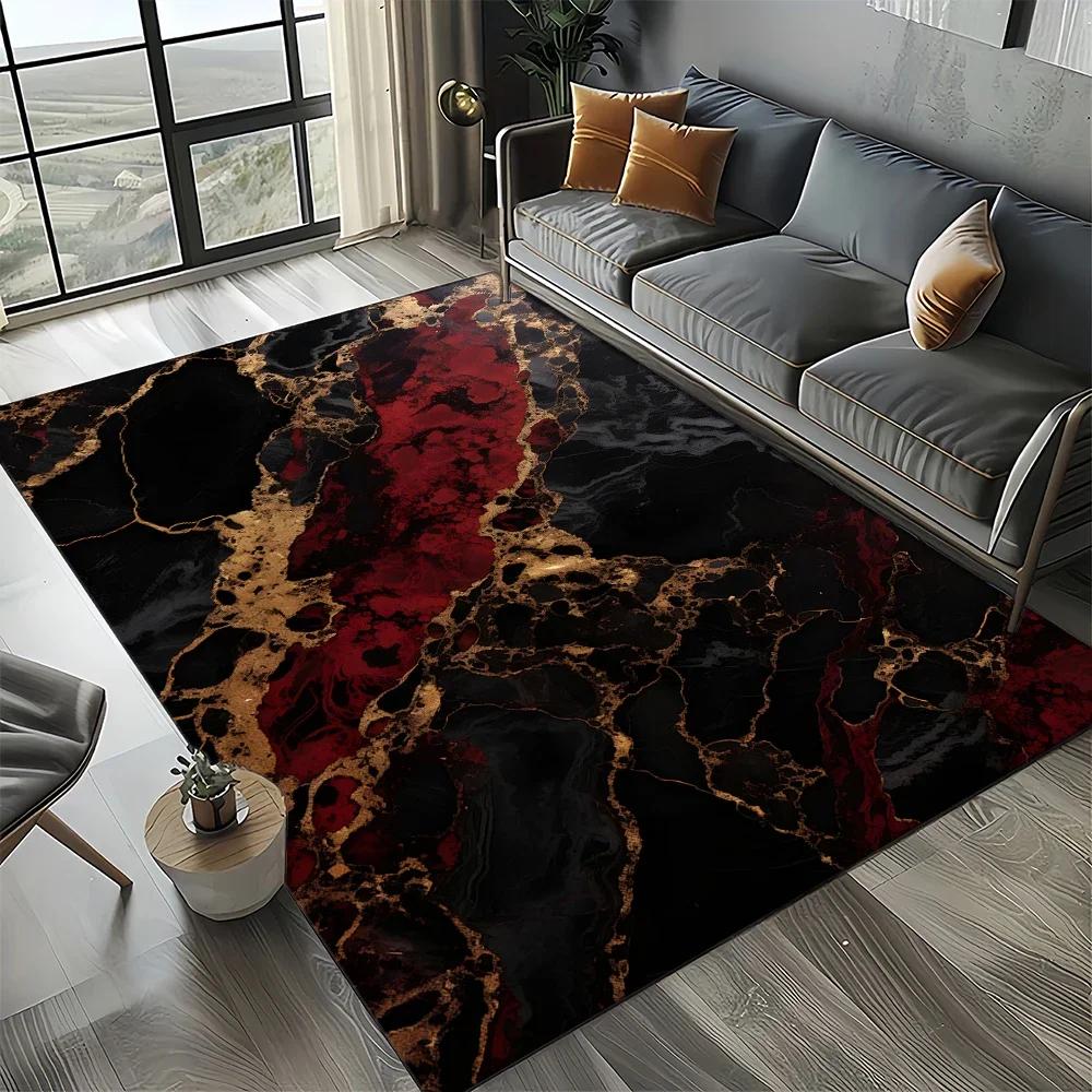 Smaragdgrüner und goldener Teppich – Luxuriöses Marmor-inspiriertes Muster für Wohnzimmer oder Schlafzimmer, rutschfest, elegante Heimdekoration