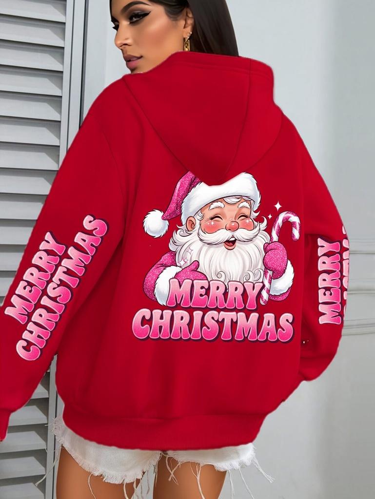 Merry Christmas Pink Santa Printed Sweater Women'S Pocket Hooded Sweater Autumn Winter Hoodie